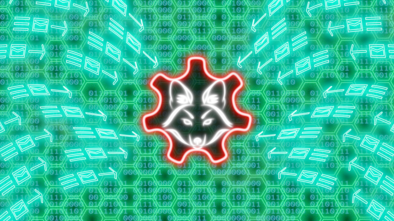 Graphic featuring a sci-fi background and glowing imags of emails being directed towards my logo.