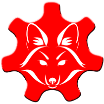My personal logo, a stylized fox face made of white shapes and lines over a red cog-like shape with 7 spokes.